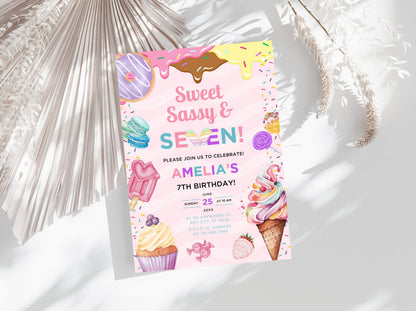 Editable Candy Ice Cream Birthday Invitation, Sweet Sassy Seven (Instant Download)