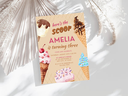 Ice Cream Birthday Invitation Template, Pink Mint Party (Digital Download)