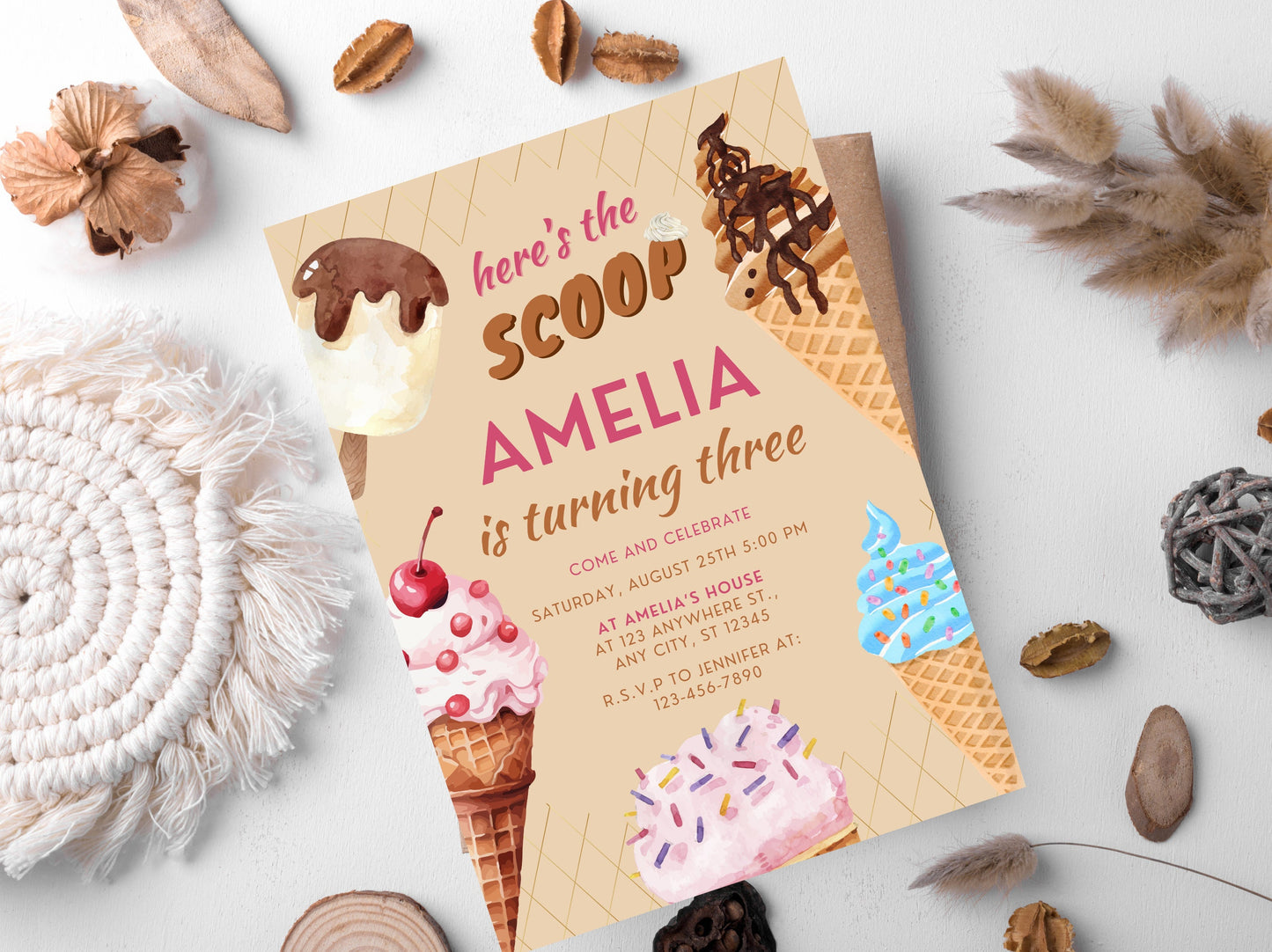 Ice Cream Birthday Invitation Template, Pink Mint Party (Digital Download)