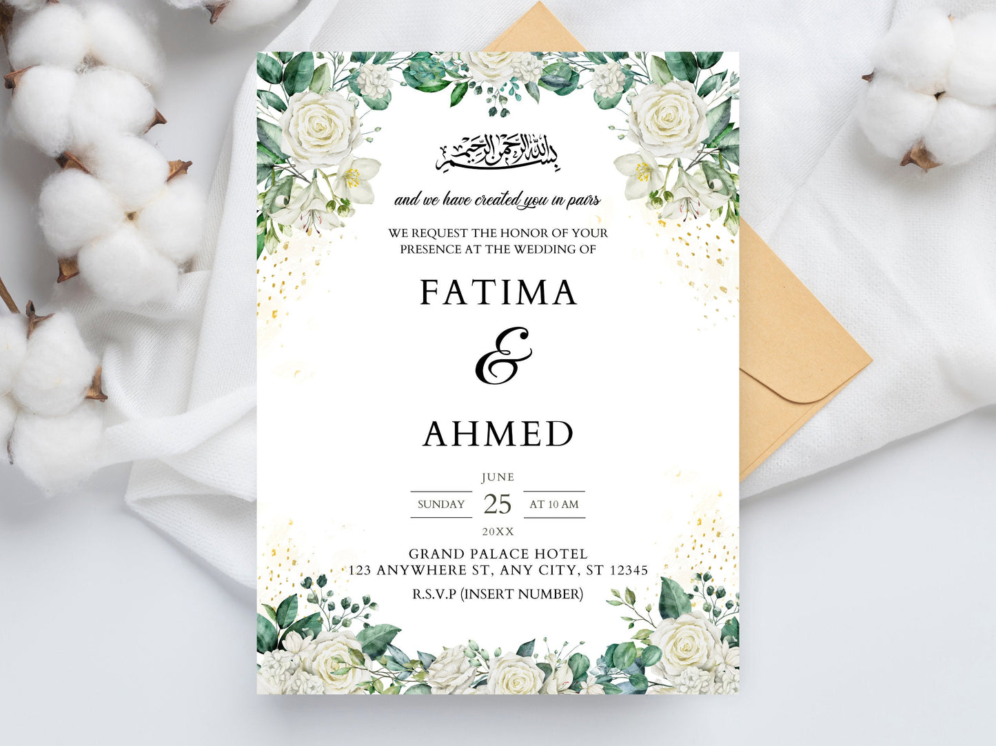 White Floral Muslim Wedding Invitation, Editable Nikah Template (Digital)