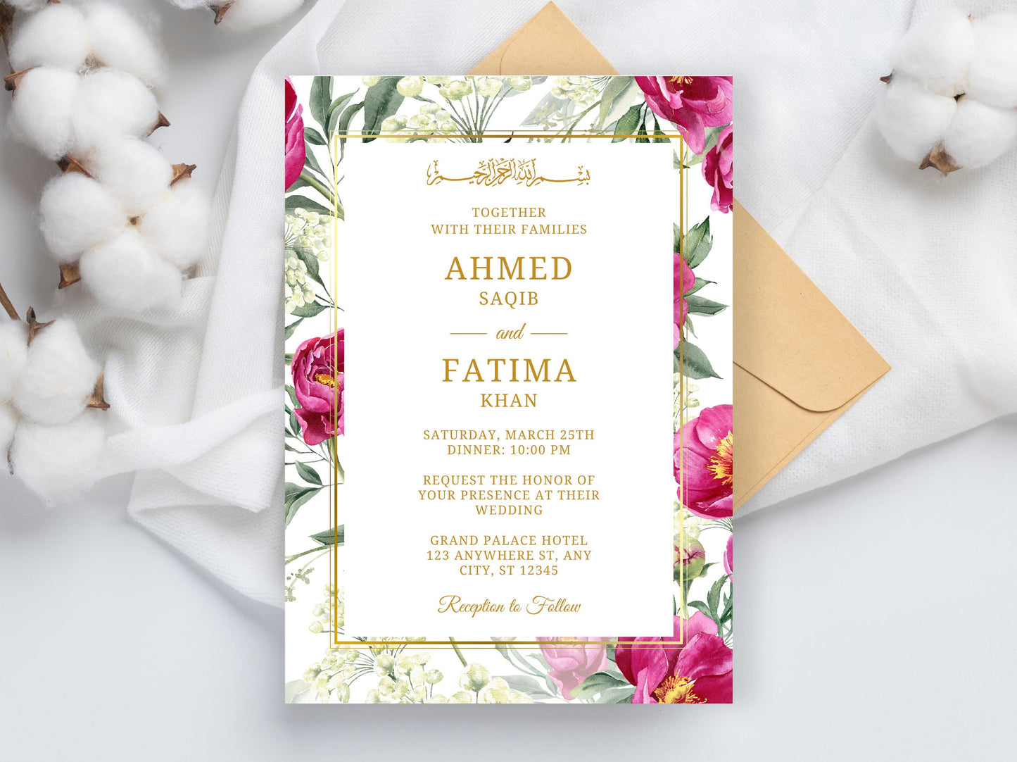 Bearbeitbare muslimische Hochzeitseinladung mit rosa Blumenmuster, Nikah-Vorlage (digital)