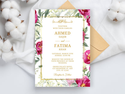 Bearbeitbare muslimische Hochzeitseinladung mit rosa Blumenmuster, Nikah-Vorlage (digital)