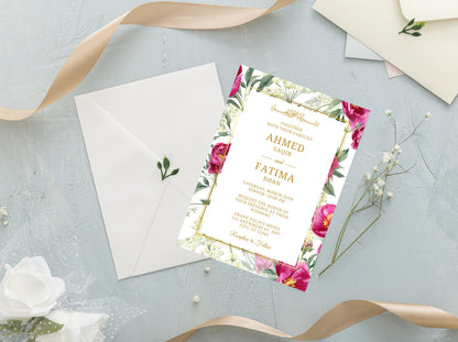 Bearbeitbare muslimische Hochzeitseinladung mit rosa Blumenmuster, Nikah-Vorlage (digital)