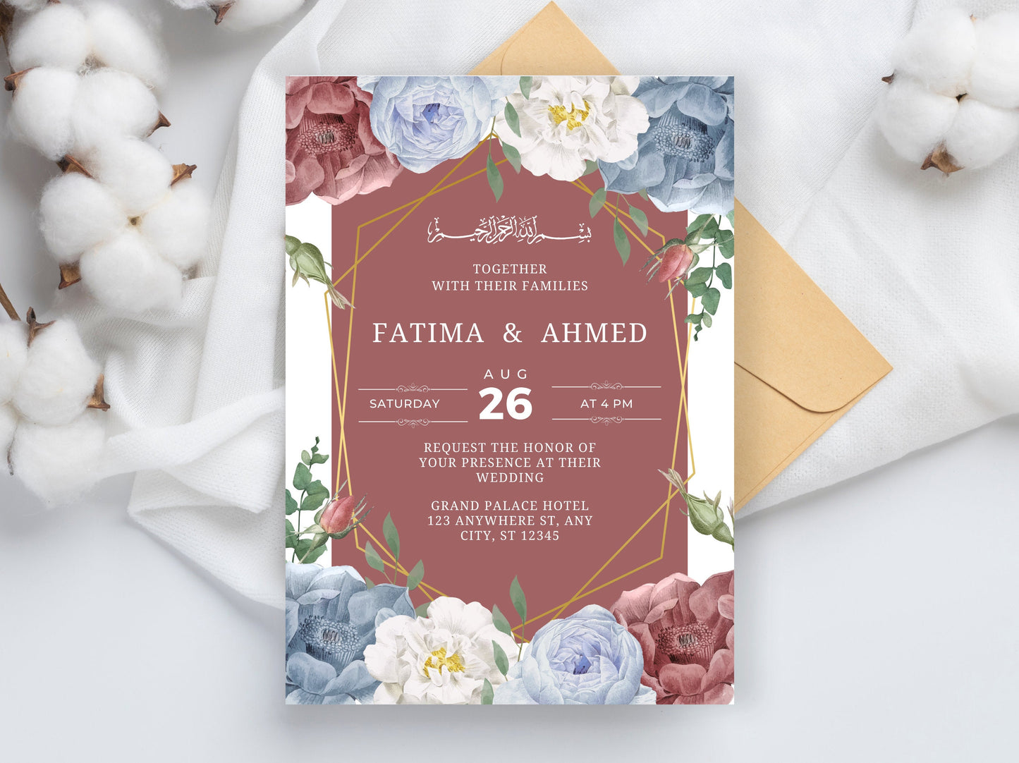 White Floral Muslim Wedding Invitation Template (Digital)