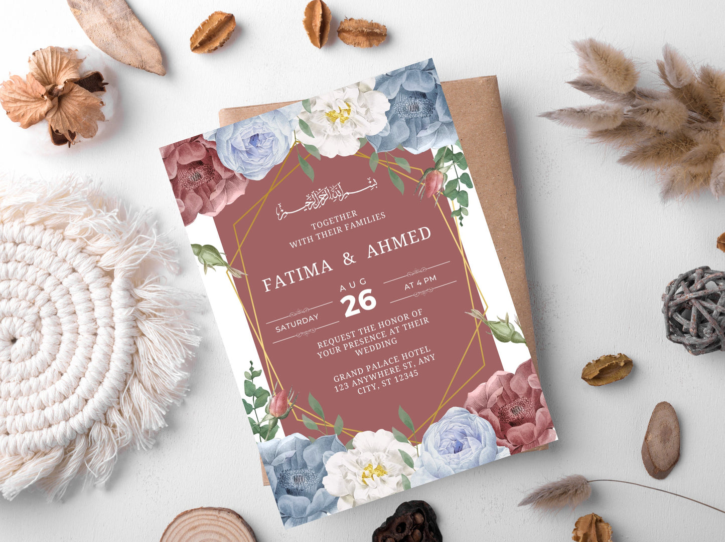 White Floral Muslim Wedding Invitation Template (Digital)