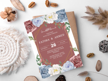 White Floral Muslim Wedding Invitation Template (Digital)