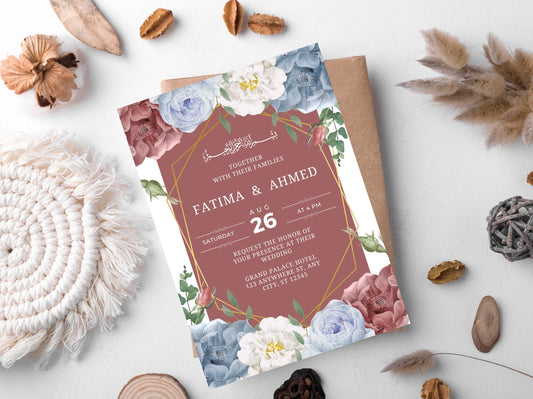 White Floral Muslim Wedding Invitation Template (Digital)