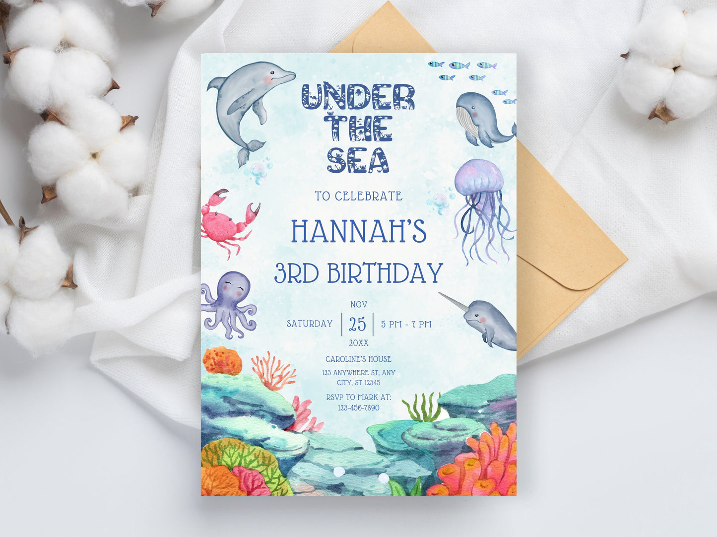 Under The Sea Birthday Invitation Template, Ocean Animals (Digital Download)