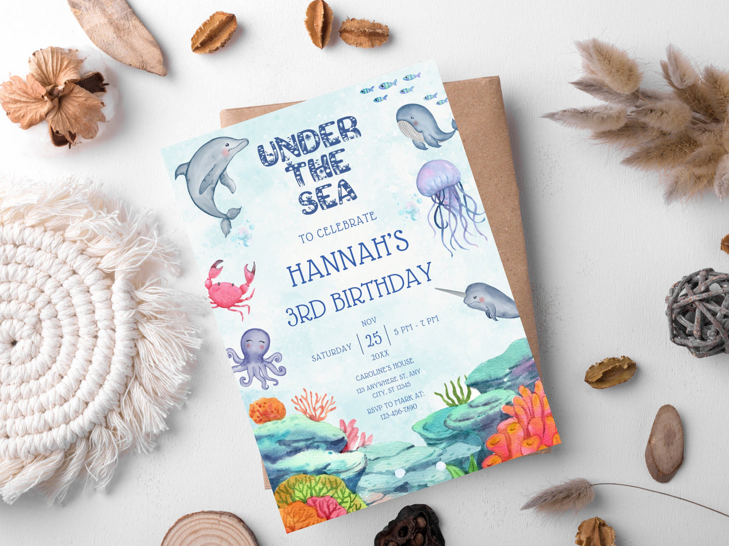 Under The Sea Birthday Invitation Template, Ocean Animals (Digital Download)