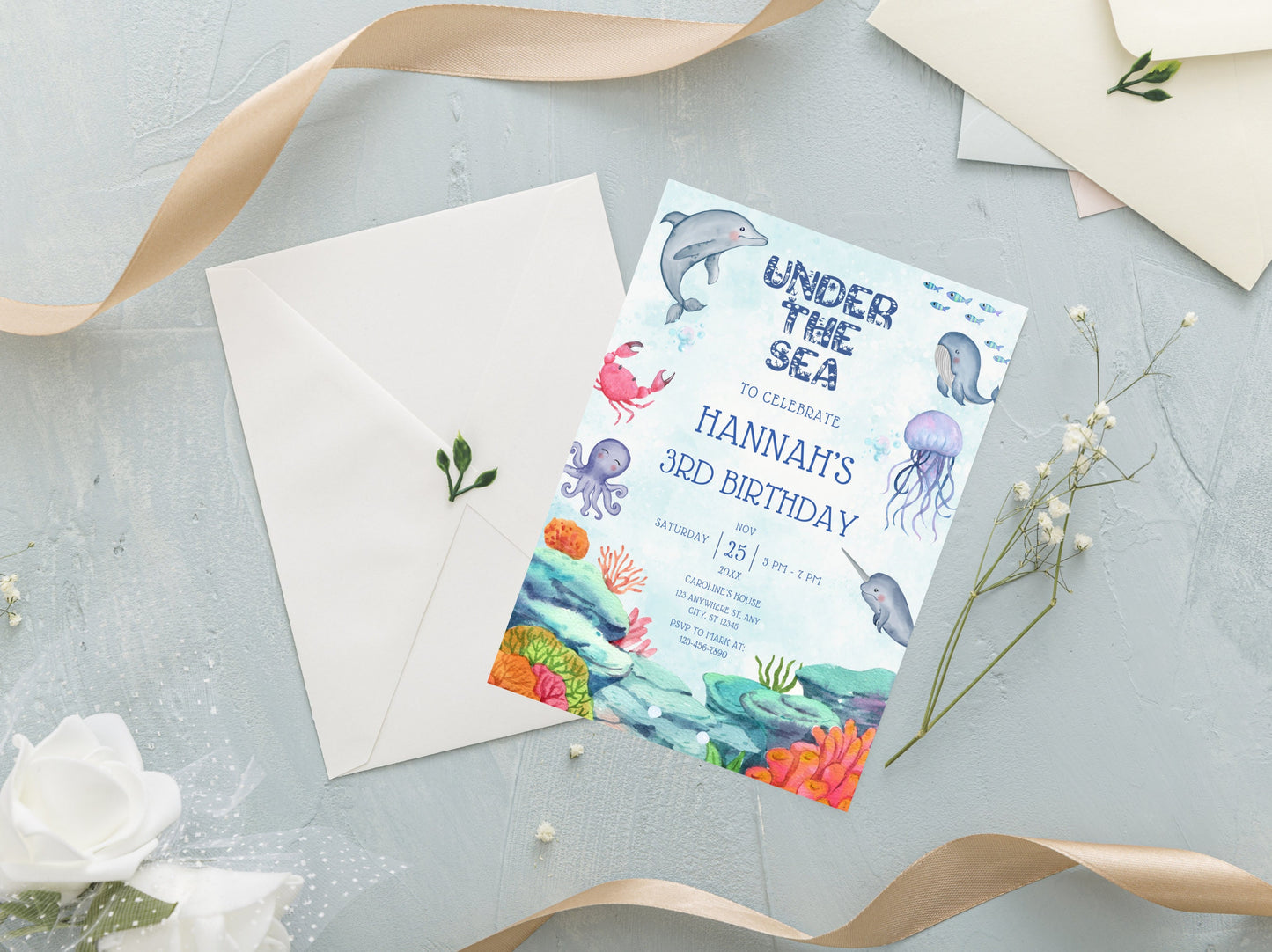 Under The Sea Birthday Invitation Template, Ocean Animals (Digital Download)