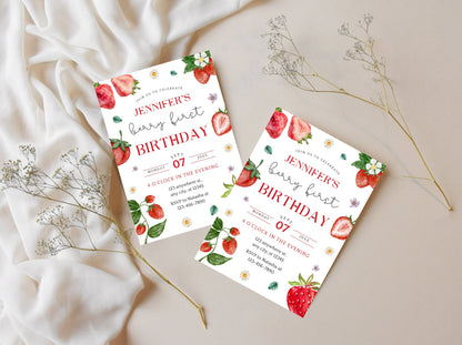 Invitation modifiable pour le premier anniversaire d'une fille, thème fraise, à imprimer (PDF)