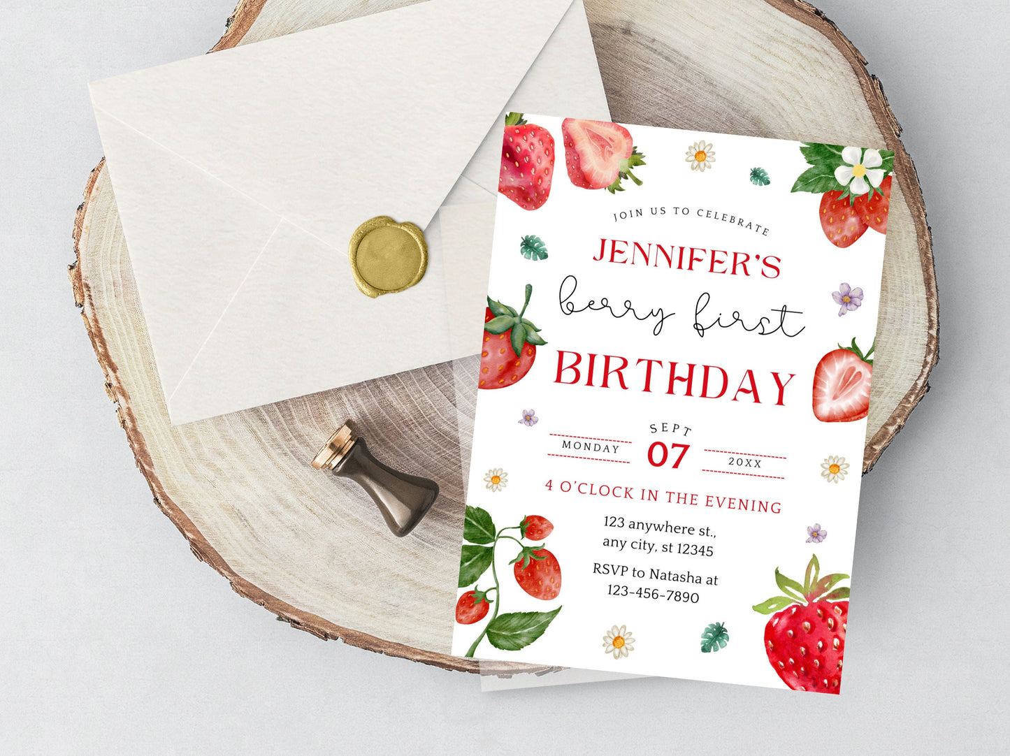 Invitation modifiable pour le premier anniversaire d'une fille, thème fraise, à imprimer (PDF)