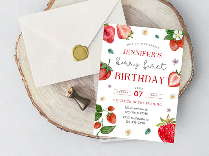 Invitation modifiable pour le premier anniversaire d'une fille, thème fraise, à imprimer (PDF)