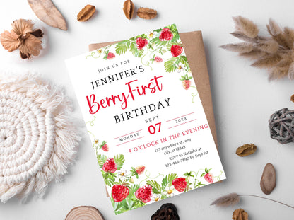 Vorlage für eine bearbeitbare Einladung zum ersten Geburtstag mit Erdbeermotiv (Digitaler Download)