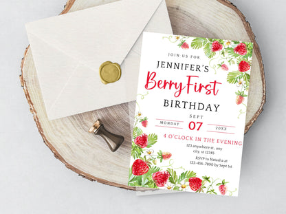 Vorlage für eine bearbeitbare Einladung zum ersten Geburtstag mit Erdbeermotiv (Digitaler Download)