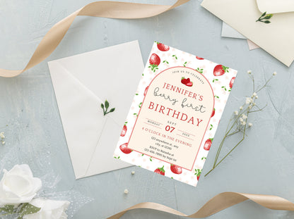 Bearbeitbare Einladung zum ersten Geburtstag mit Beerenmotiv, Erdbeer-Thema (Digitaler Download)