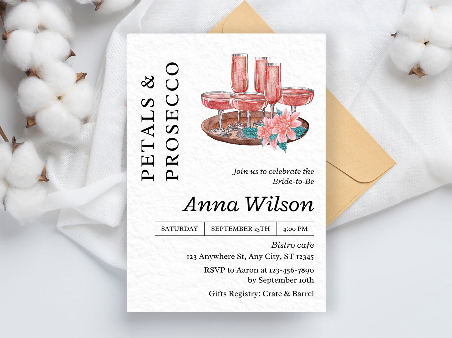 Petals & Prosecco Bridal Shower Invitation, Floral Spring Theme (Editable Template)