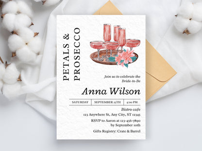 Petals & Prosecco Bridal Shower Invitation, Floral Spring Theme (Editable Template)