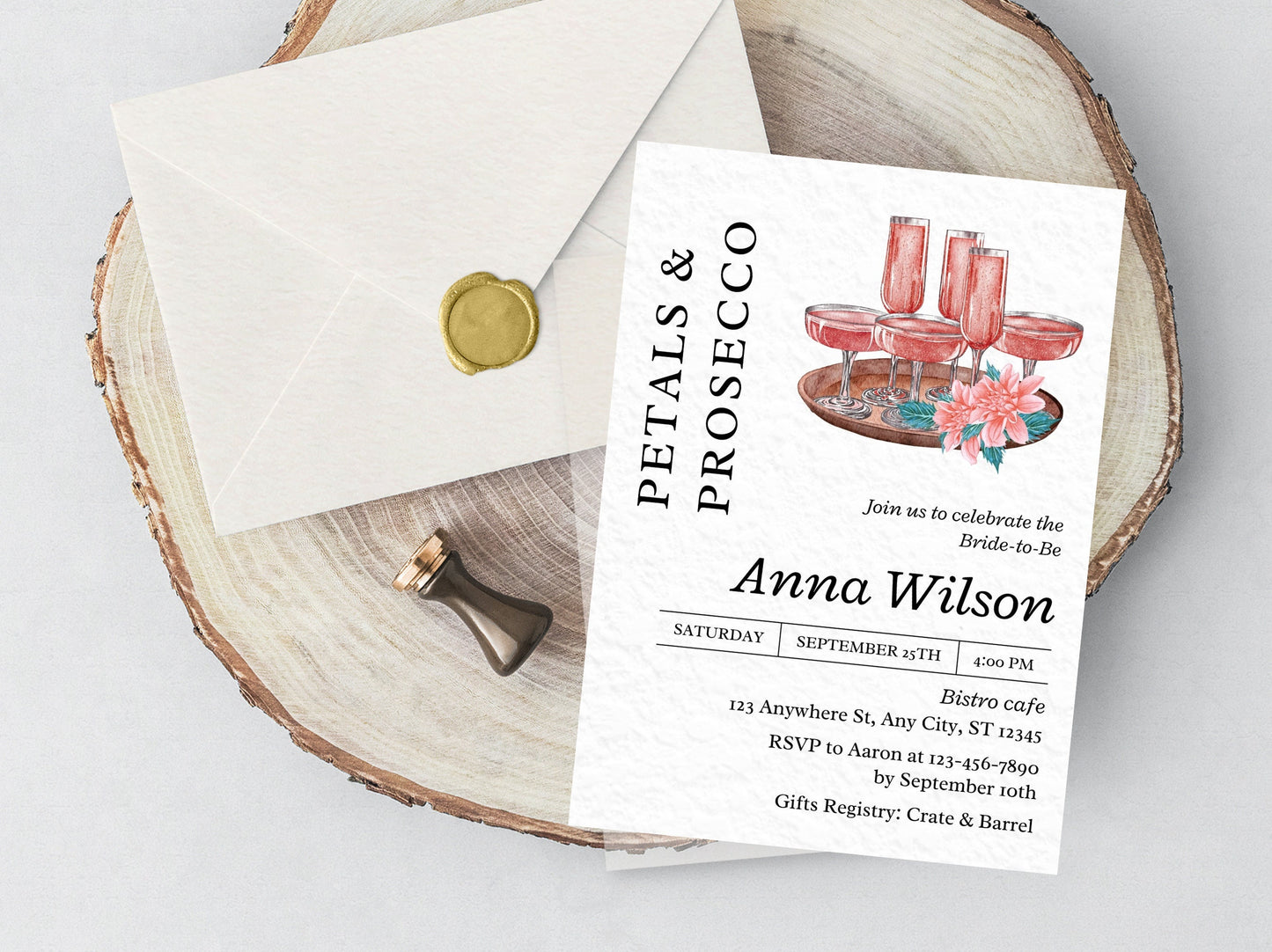 Petals & Prosecco Bridal Shower Invitation, Floral Spring Theme (Editable Template)