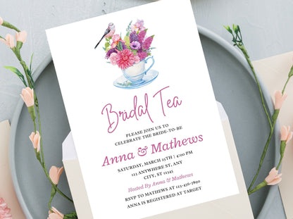 Floral Bridal Tea Invitation Template, Editable Canva Invite (5x7)