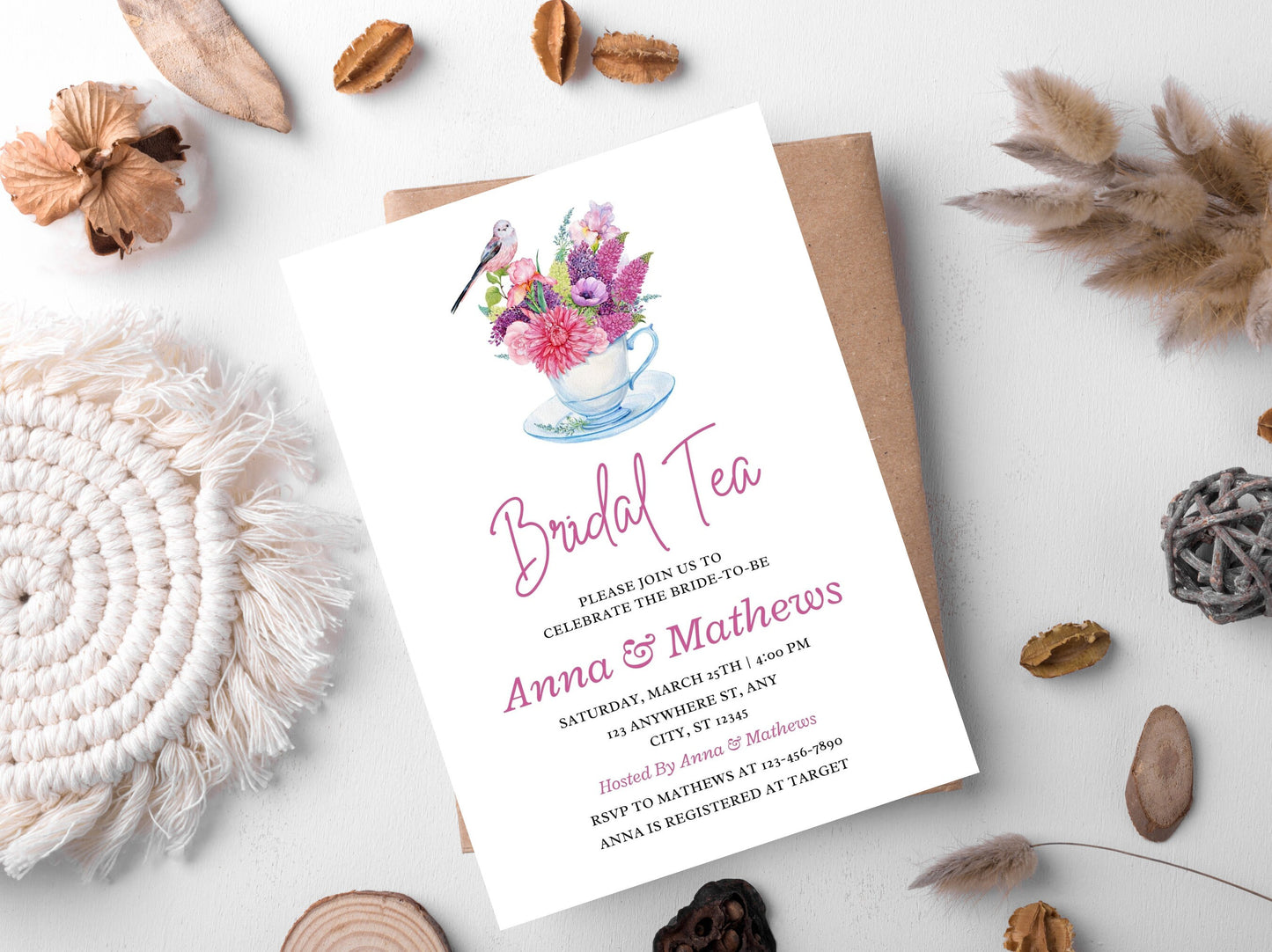 Floral Bridal Tea Invitation Template, Editable Canva Invite (5x7)