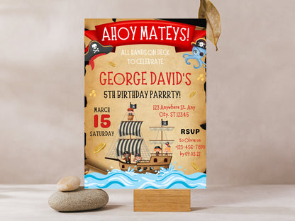 Modèle d'invitation d'anniversaire pirate modifiable, fête d'enfants (téléchargement instantané)