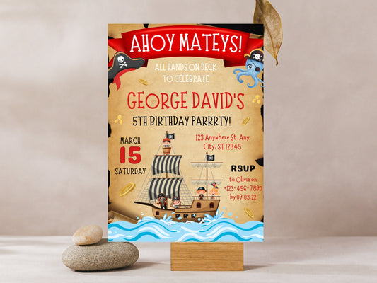 Editable Pirate Birthday Invitation Template, Kids Party (Instant Download)