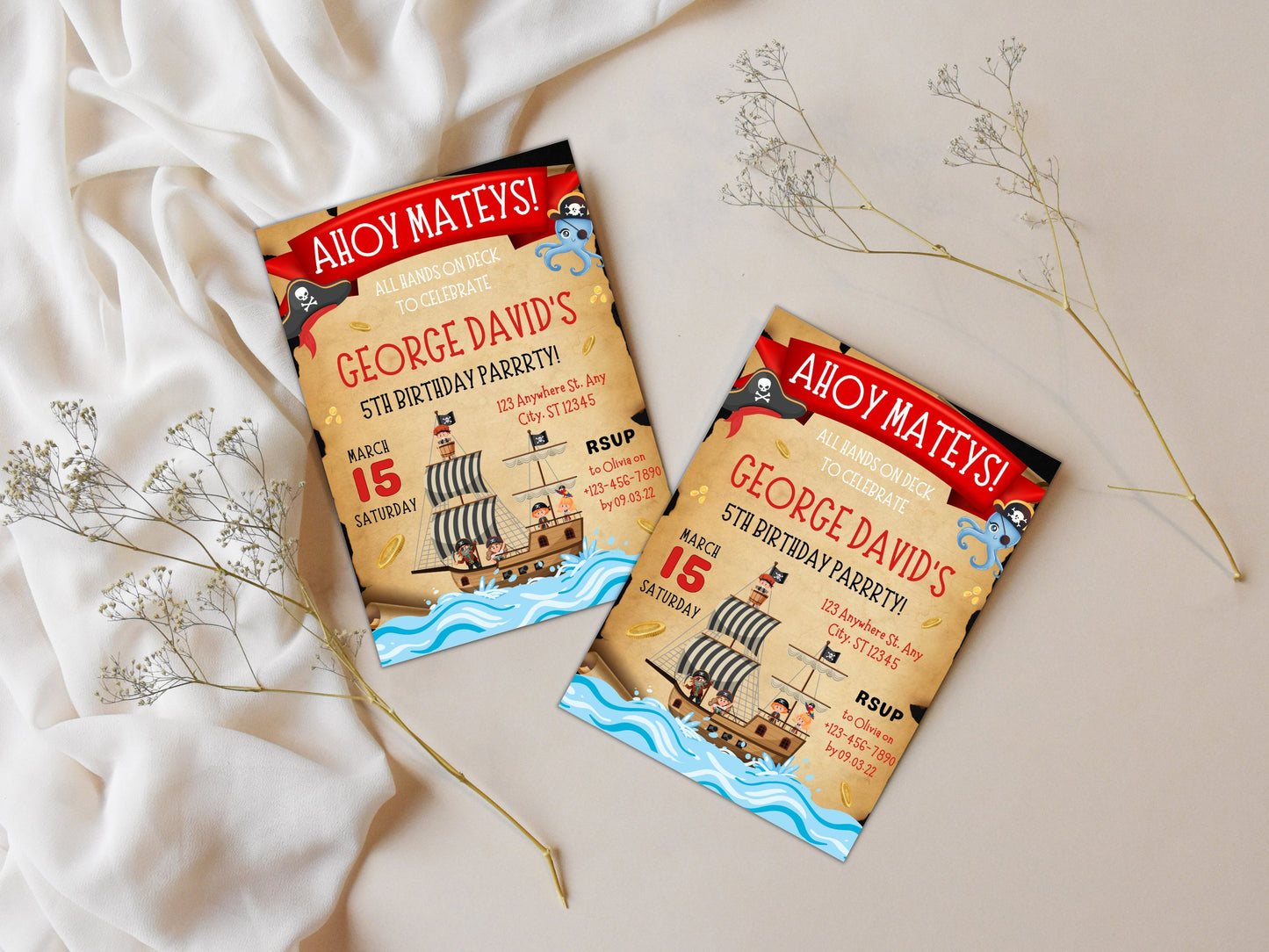 Modèle d'invitation d'anniversaire pirate modifiable, fête d'enfants (téléchargement instantané)