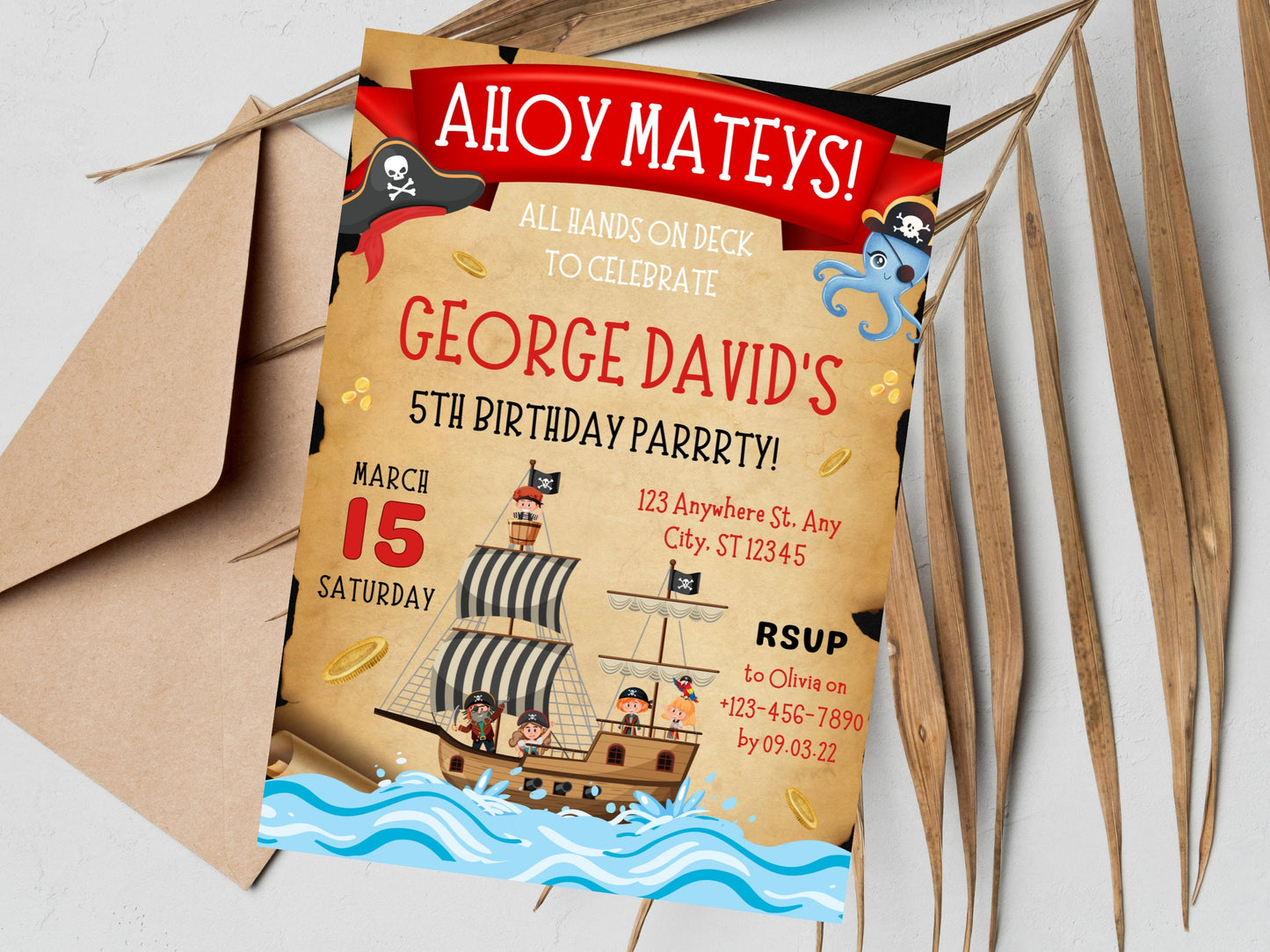 Modèle d'invitation d'anniversaire pirate modifiable, fête d'enfants (téléchargement instantané)