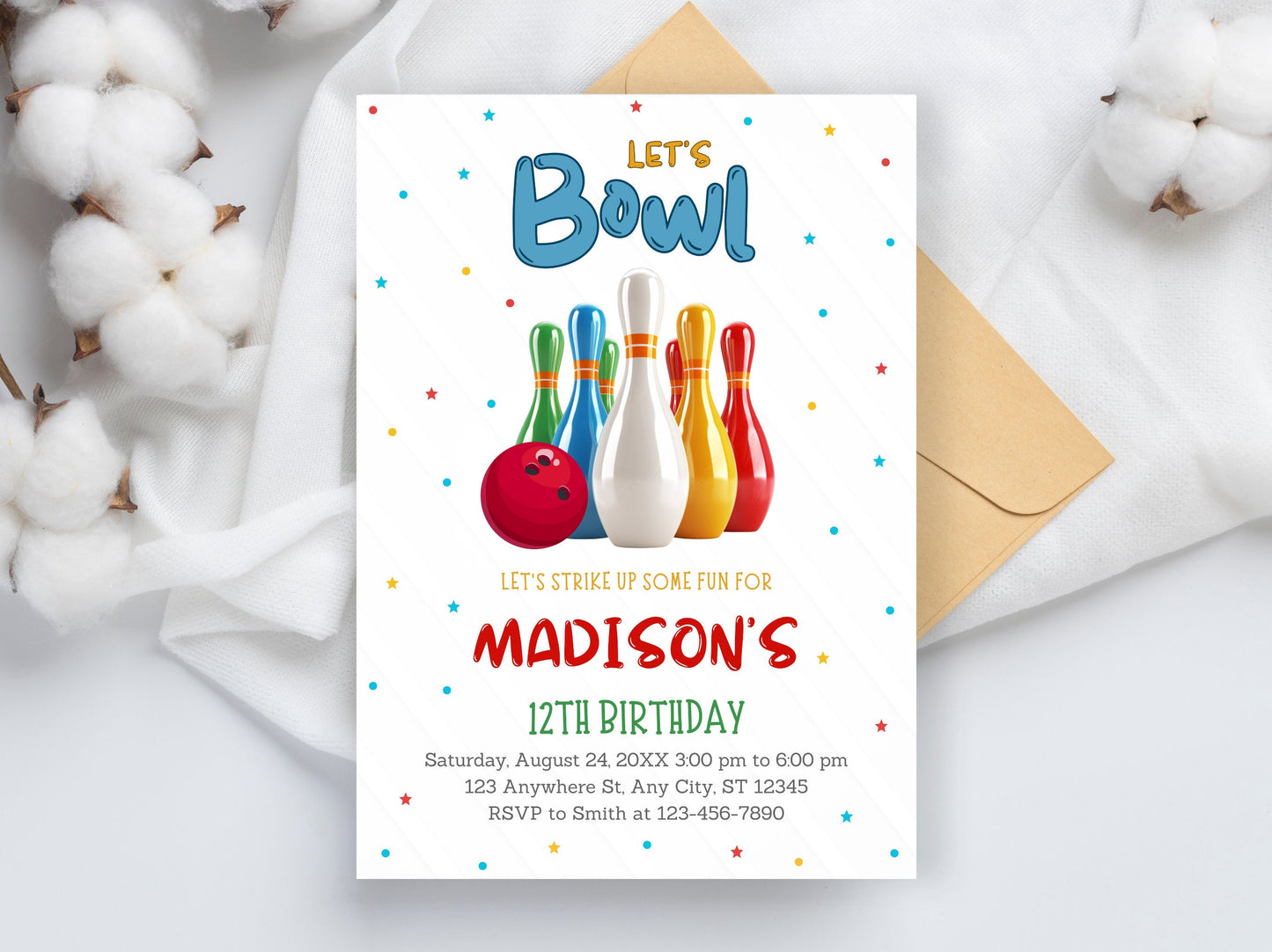 Editable Bowling Birthday Invitation Template (Digital Download)