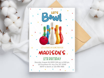 Editable Bowling Birthday Invitation Template (Digital Download)