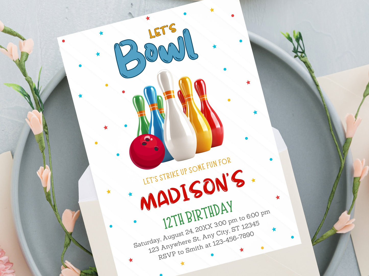 Editable Bowling Birthday Invitation Template (Digital Download)