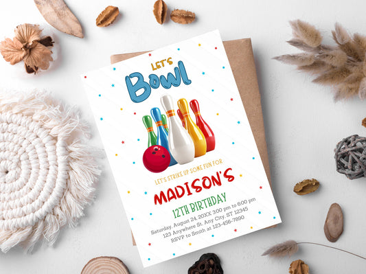Editable Bowling Birthday Invitation Template (Digital Download)