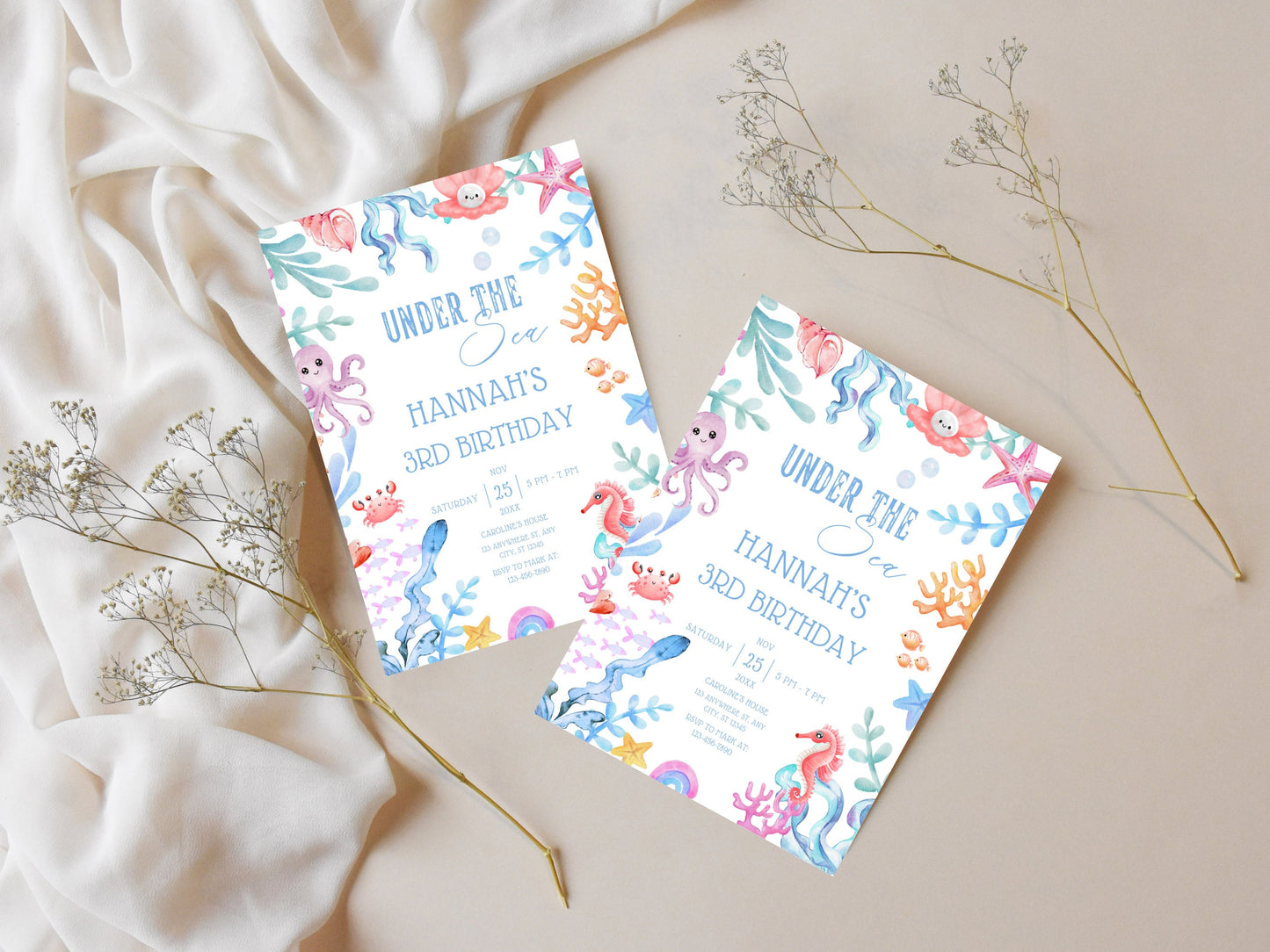 Under The Sea Birthday Invitation, Ocean Animals Party, Editable Template (Digital Download)