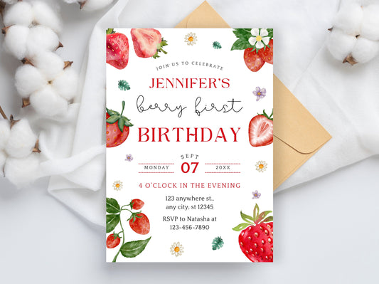 Editable Strawberry First Birthday Invitation, Girls Printable Invite (PDF)