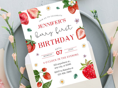 Invitation modifiable pour le premier anniversaire d'une fille, thème fraise, à imprimer (PDF)