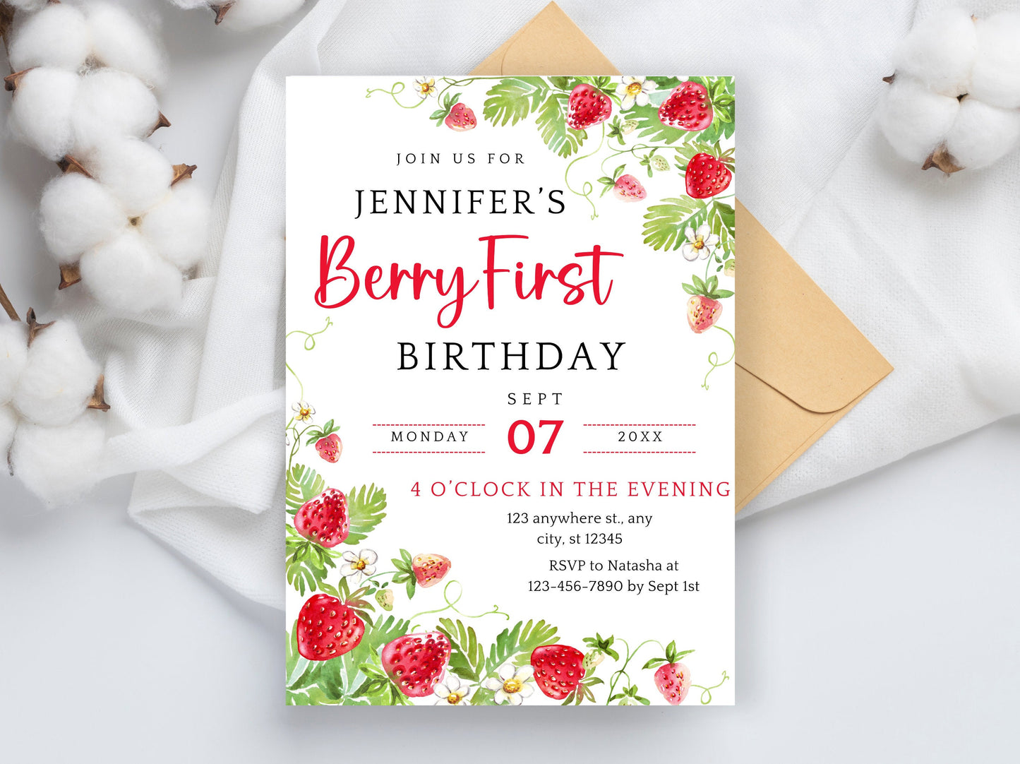 Vorlage für eine bearbeitbare Einladung zum ersten Geburtstag mit Erdbeermotiv (Digitaler Download)