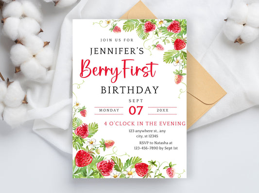 Editable Strawberry First Birthday Invitation Template (Digital Download)