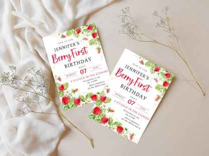 Vorlage für eine bearbeitbare Einladung zum ersten Geburtstag mit Erdbeermotiv (Digitaler Download)