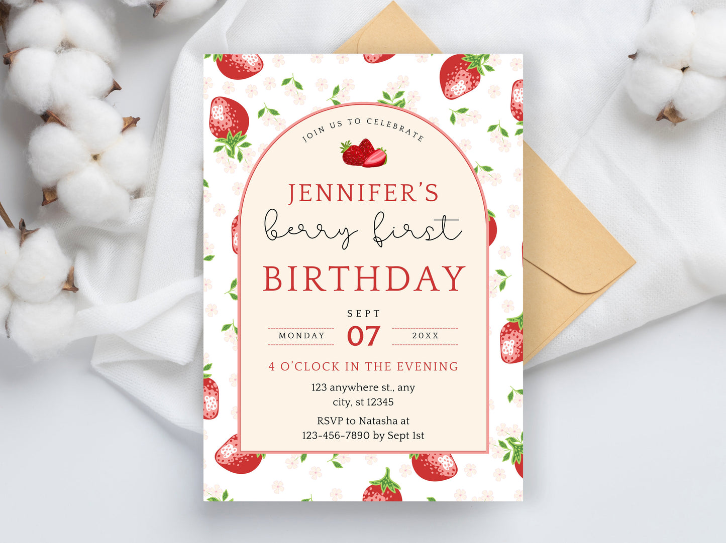 Bearbeitbare Einladung zum ersten Geburtstag mit Beerenmotiv, Erdbeer-Thema (Digitaler Download)