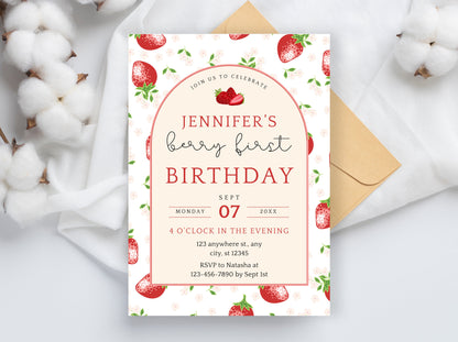 Bearbeitbare Einladung zum ersten Geburtstag mit Beerenmotiv, Erdbeer-Thema (Digitaler Download)