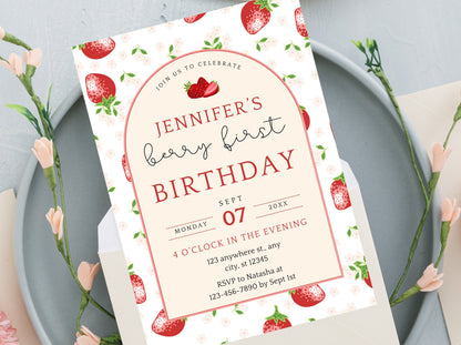 Bearbeitbare Einladung zum ersten Geburtstag mit Beerenmotiv, Erdbeer-Thema (Digitaler Download)