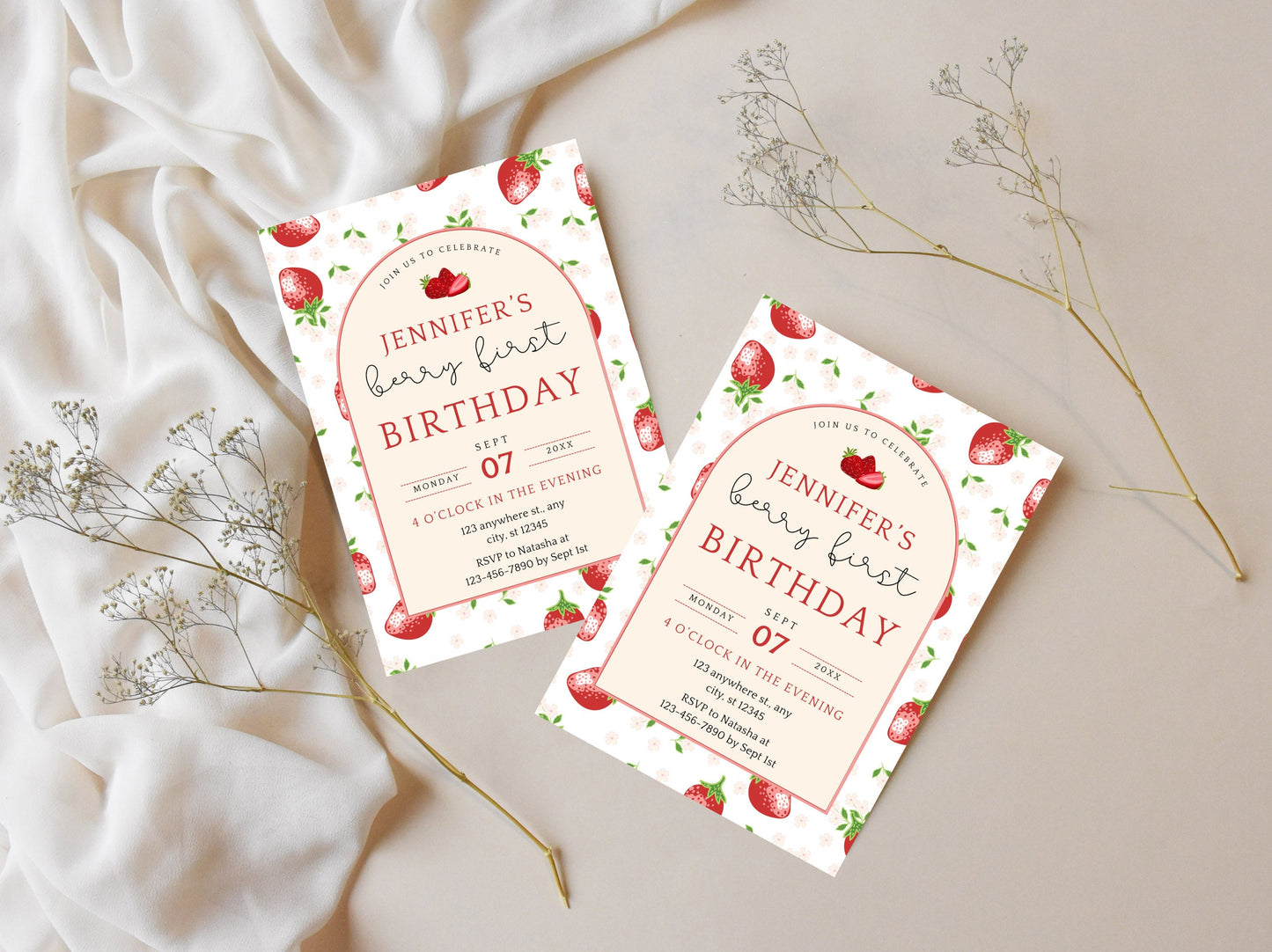 Bearbeitbare Einladung zum ersten Geburtstag mit Beerenmotiv, Erdbeer-Thema (Digitaler Download)