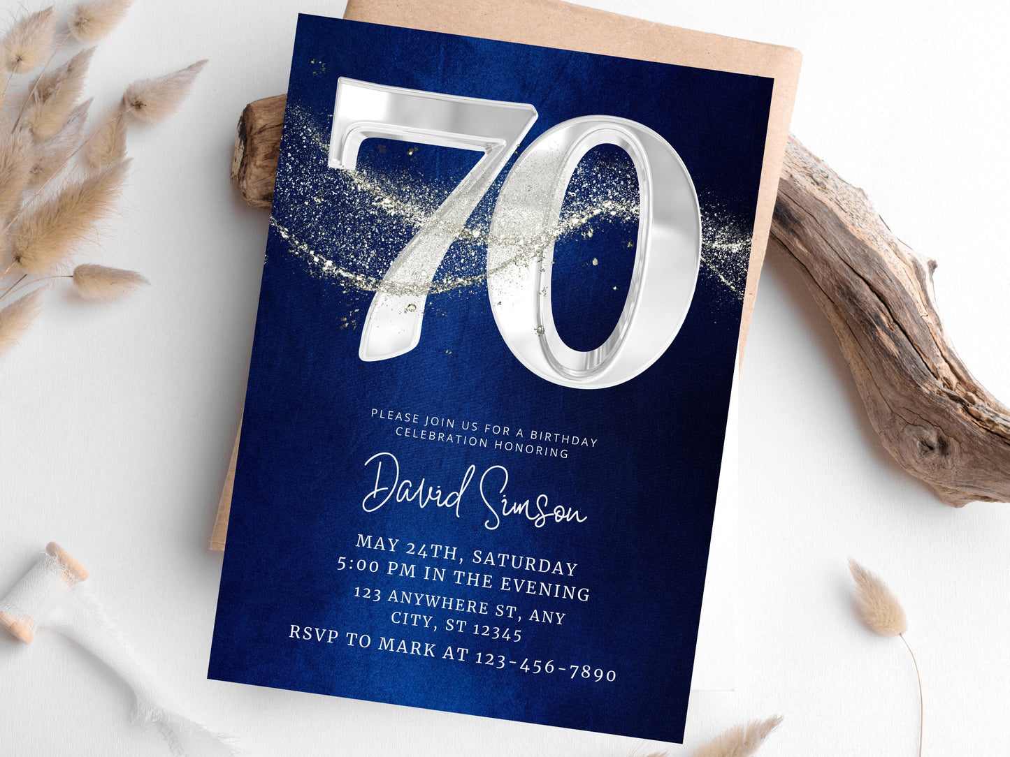 Elegant 70th Birthday Invitation Template, Editable Canva (Digital Download)