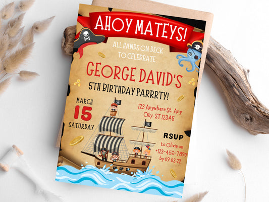 Editable Pirate Birthday Invitation Template, Kids Party (Instant Download)