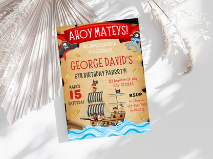 Modèle d'invitation d'anniversaire pirate modifiable, fête d'enfants (téléchargement instantané)