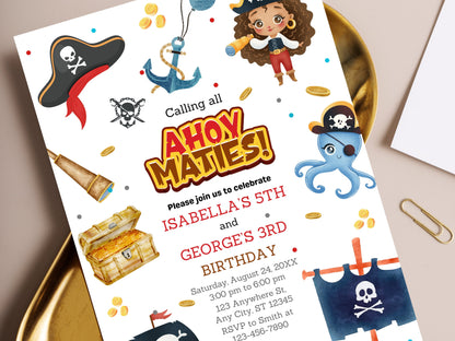Piraten-Geburtstagseinladungsvorlage, bearbeitbares Canva-Design (Digitaler Download)