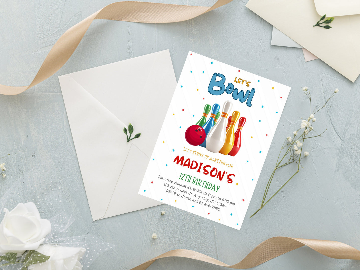 Editable Bowling Birthday Invitation Template (Digital Download)