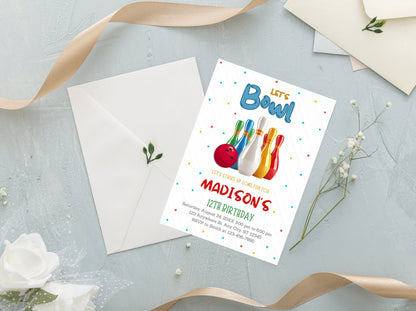 Editable Bowling Birthday Invitation Template (Digital Download)