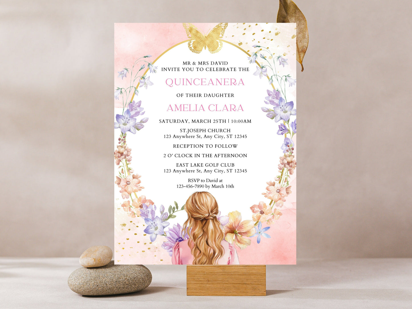 Blush Pink Quinceañera Invitation Template, Gold Butterfly, Floral (Digital Download)